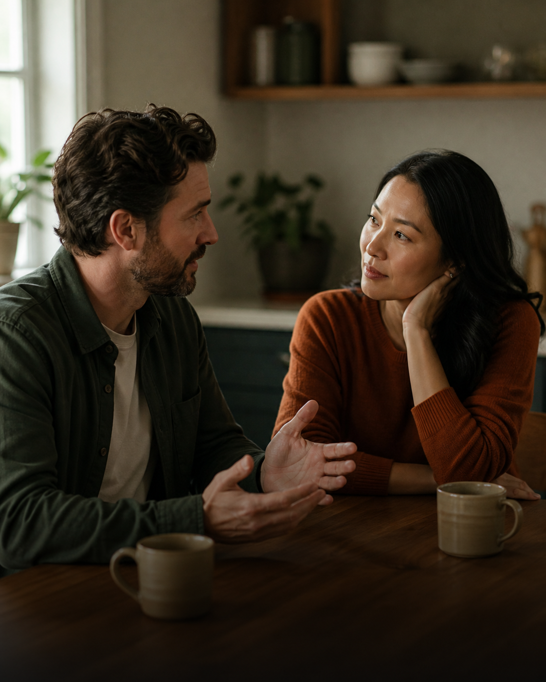 Two adult partners sharing an attentive conversation across a warm kitchen table