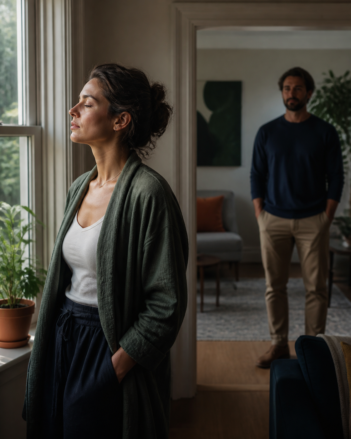 One adult partner breathing by a window while the other gives respectful space nearby