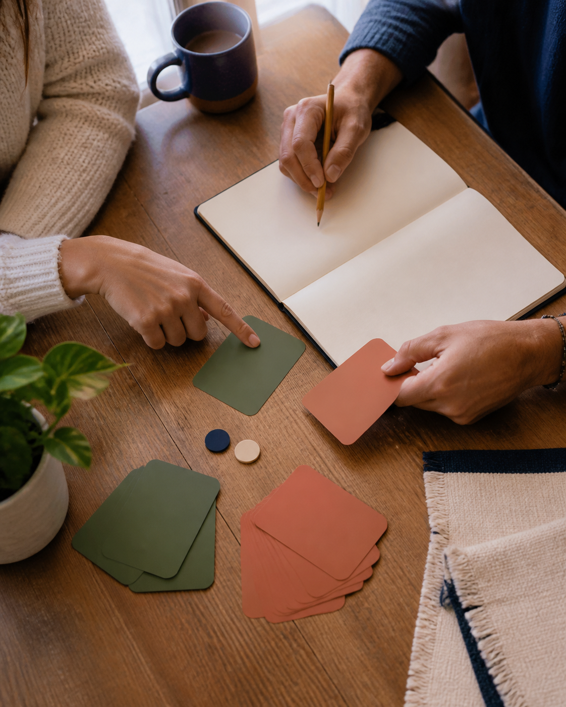 Two adults using blank prompt cards and a notebook for a communication exercise at home