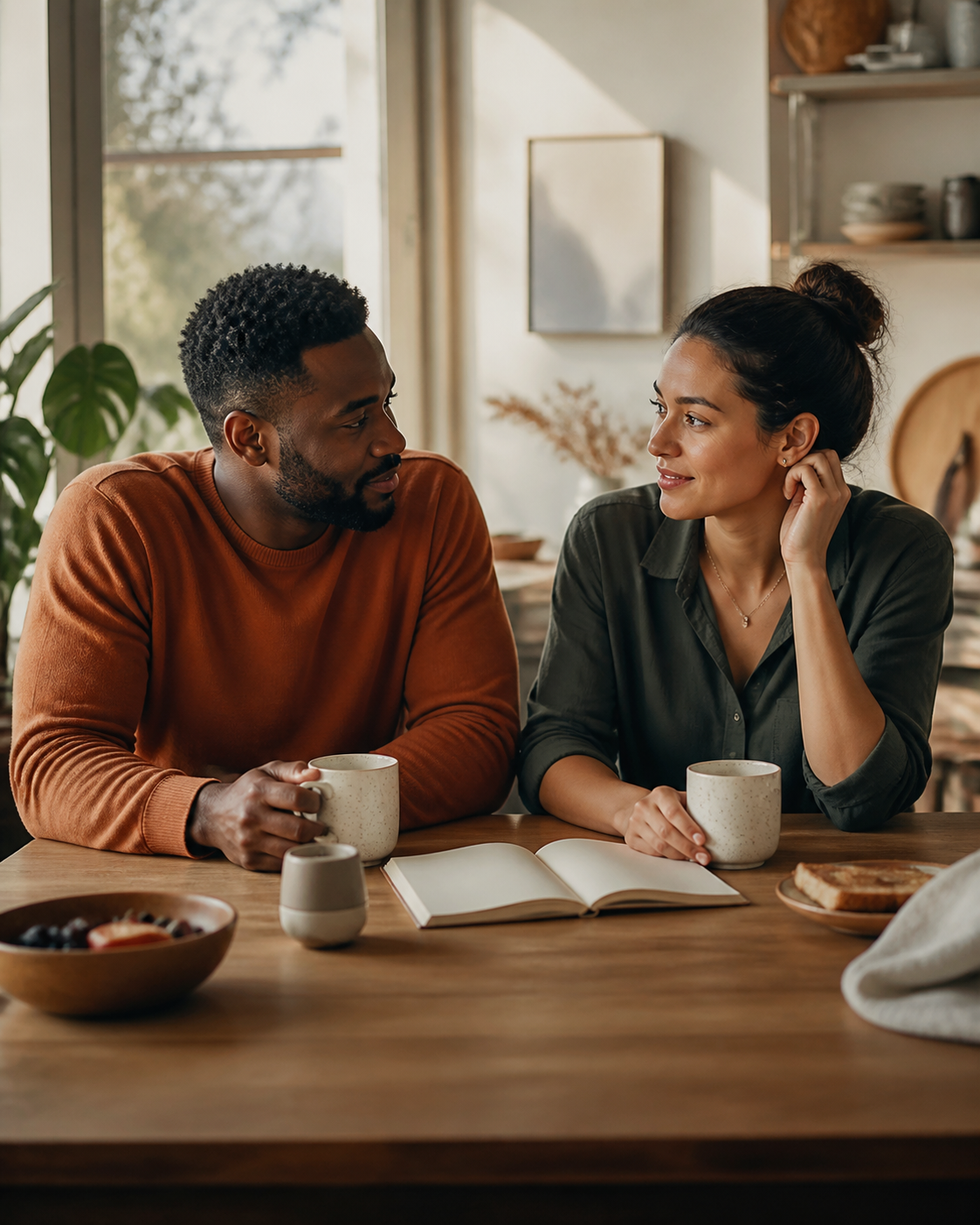 Two adult partners having a relaxed weekly check-in beside two cups and an open journal